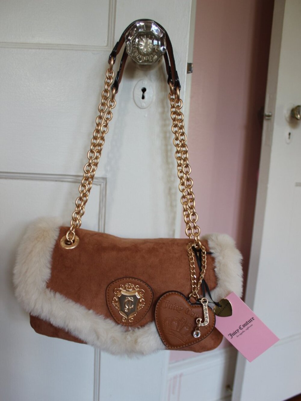 Juicy Couture Y2K Brown Shoulder Bag Furry Trim Gold Chain Heart Charm NWT